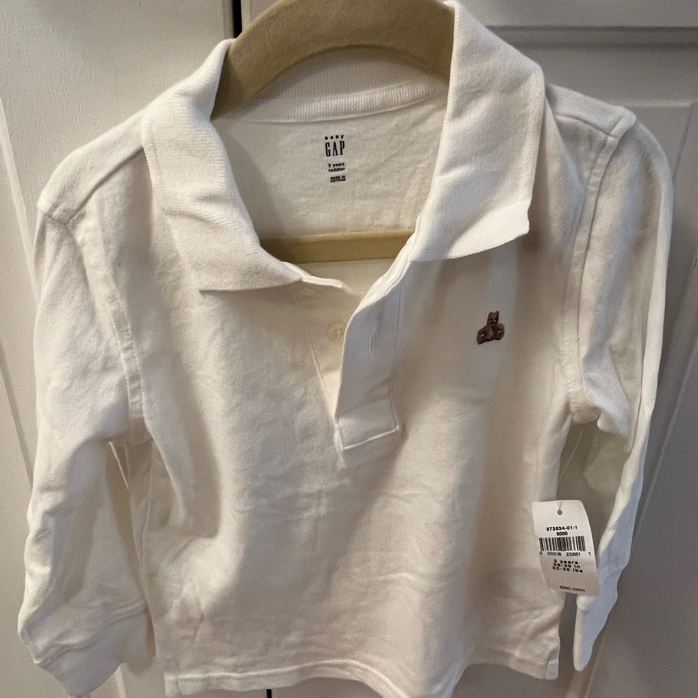 NWT- Baby Gap Cream Long Sleeve Polo Shirt with Bear Logo size 3T 3 yrs toddler